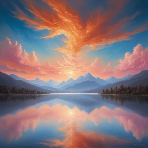 Prompt: Ethereal Horizon: A Symphony of Colors in the Celestial Canvas"

Description:
In this mesmerizing aerial photograph, the sky becomes a canvas for nature's grand masterpiece. Wisps of cotton candy clouds dance gracefully across a vivid canvas of cerulean blue, weaving a tapestry of tranquility and wonder. The sun, a radiant orb of golden warmth, casts its gentle glow upon the horizon, painting the edges of the clouds in hues of fiery orange and soft pink, as if bidding farewell to the day in a spectacular crescendo of light. Below, the silhouette of distant mountains adds depth and perspective to the scene, their jagged peaks reaching towards the heavens in silent reverence. In the foreground, the calm waters of a tranquil lake mirror the celestial spectacle above, creating a breathtaking reflection of the boundless beauty that surrounds us. This image invites viewers to immerse themselves in the ethereal beauty of the natural world, inspiring awe and reverence for the infinite wonders of the sky. Perfect for use in advertisements, publications, and creative projects seeking to evoke a sense of serenity, inspiration, and awe-inspiring beauty
