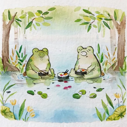 Prompt: A frog and a turtle enjoying a sushi lunch, vibrant colors, warm and cheerful atmosphere, detailed table setting with various types of sushi, picturesque pond background with water lilies and reeds, soft sunlight filtering through trees, ultra-detailed, high quality, 4K, whimsical and heartwarming scene, intricate details on frog and turtle's expressions, lush greenery around, reflections in water, cinematic masterpiece.