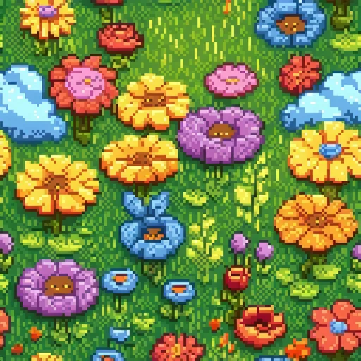 Prompt: (vibrant field of colorful flowers), (sunlit), lush green grass, soft breeze, blue sky with fluffy clouds, joyful ambiance, diverse blooms with bright hues, nature's harmony, peaceful scenery, perfect for spring, high detail, ultra-detailed, HD.