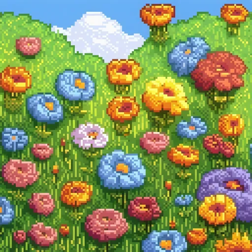 Prompt: (vibrant field of colorful flowers), (sunlit), lush green grass, soft breeze, blue sky with fluffy clouds, joyful ambiance, diverse blooms with bright hues, nature's harmony, peaceful scenery, perfect for spring, high detail, ultra-detailed, HD.