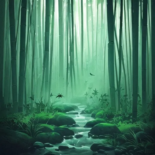 Prompt: Lone ronin frog, walking by themselves, through a bamboo forest 