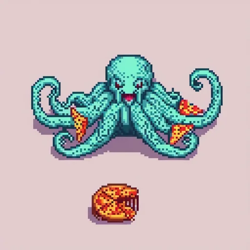 Prompt: octopus eating pizza with a slice in each tentacle 