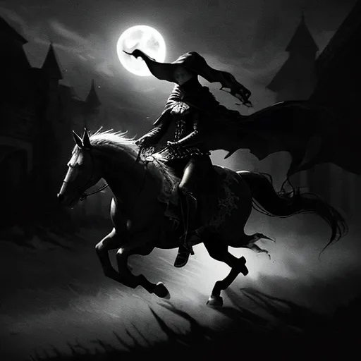 Prompt: A running phantom on a demonic horse, in a misty, moonlit night, seen from a distance, eerie and mysterious atmosphere, tattered cloak flowing in the wind, ghostly trails behind, ethereal glow, dark and cool tones, ultra-detailed, high contrast, 4K, highly dynamic motion, dramatic shadows, foggy and spectral ambiance, unsettling and otherworldly mood, chiaroscuro effect, (phantom) emphasized, sharp details.