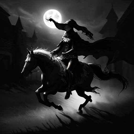 Prompt: A running phantom on a demonic horse, in a misty, moonlit night, seen from a distance, eerie and mysterious atmosphere, tattered cloak flowing in the wind, ghostly trails behind, ethereal glow, dark and cool tones, ultra-detailed, high contrast, 4K, highly dynamic motion, dramatic shadows, foggy and spectral ambiance, unsettling and otherworldly mood, chiaroscuro effect, (phantom) emphasized, sharp details.