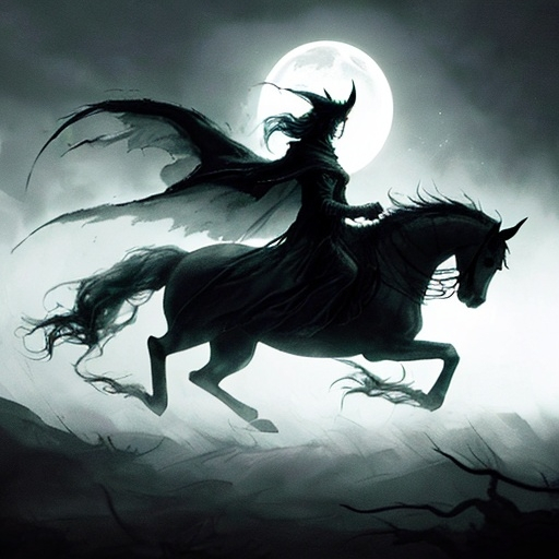 Prompt: A running phantom on a demonic horse, in a misty, moonlit night, seen from a distance, eerie and mysterious atmosphere, tattered cloak flowing in the wind, ghostly trails behind, ethereal glow, dark and cool tones, ultra-detailed, high contrast, 4K, highly dynamic motion, dramatic shadows, foggy and spectral ambiance, unsettling and otherworldly mood, chiaroscuro effect, (phantom) emphasized, sharp details.