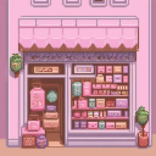 Prompt: (feminine storefront), colorful pastel hues, soft pinks and purples, charming window displays, inviting atmosphere, elegantly arranged merchandise, emphasis on warmth and approachability, cozy ambiance, chic design elements, high-quality textures, beautiful lighting, ultra-detailed realism, inviting entryway, aesthetically pleasing layout, surrounded by lovely surroundings.