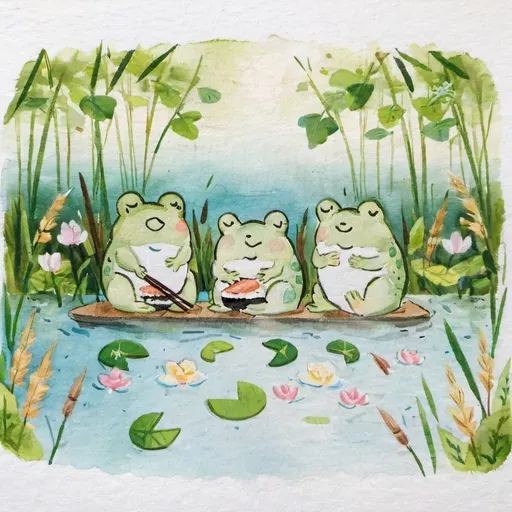 Prompt: Frogs enjoying a sushi lunch, vibrant colors, warm and cheerful atmosphere, detailed table setting with various types of sushi, picturesque pond background with water lilies and reeds, soft sunlight filtering through trees, ultra-detailed, high quality, 4K, whimsical and heartwarming scene, intricate details on frog and turtle's expressions, lush greenery around, reflections in water, cinematic masterpiece.