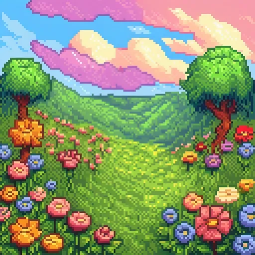 Prompt: (vibrant field of colorful flowers), (sunlit), lush green grass, soft breeze, blue sky with fluffy clouds, joyful ambiance, diverse blooms with bright hues, nature's harmony, peaceful scenery, perfect for spring, high detail, ultra-detailed, HD.