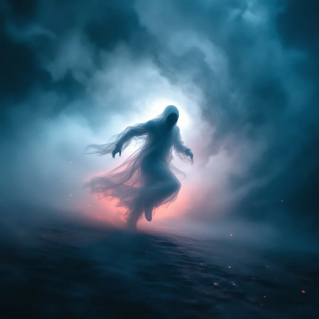 Prompt: Spectral figure running swiftly among ethereal phantoms, swirling mist and shadow, dramatic lighting casting eerie silhouettes, a haunting yet exhilarating atmosphere, radiant glows in cool tones illuminating the scene, haunting echoes of unseen spirits in the background, high quality 4K, ultra-detailed, mysterious and enchanting.
