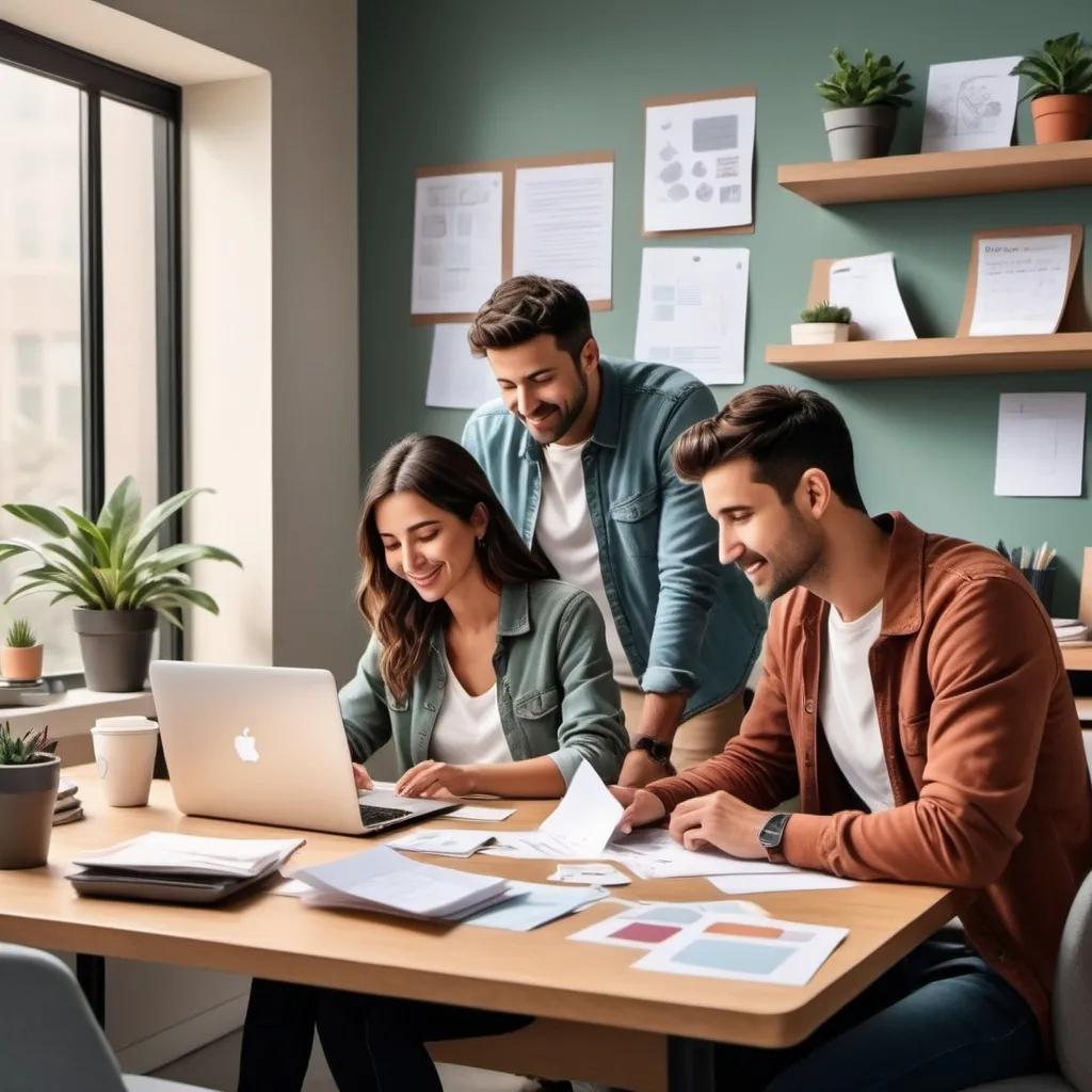 Prompt: (casual setting), (friends collaborating), cozy workspace, soft natural lighting, cold color tones, showing focus and determination, a cluttered desk with papers and a laptop, relaxed expressions, teamwork atmosphere, high-quality, ultra-detailed, inviting ambiance, showcasing creativity and joy in their interaction.