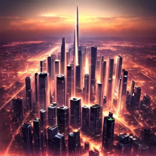 Prompt: city skyline at dusk, (impressive skyscrapers), fading sunlight, subtle silhouettes of buildings, warm ambiance, reflective windows catching the last light, deepening shadows, (high-quality, ultra-detailed), peaceful atmosphere, blend of architectural styles, twinkling city lights beginning to emerge, magnificent backdrop of a serene sky, cinematic beauty.