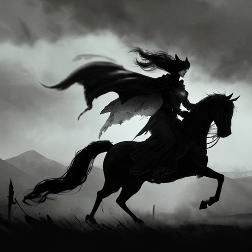 Prompt: A running phantom on a demonic horse, in a misty, moonlit night, seen from a distance, eerie and mysterious atmosphere, tattered cloak flowing in the wind, ghostly trails behind, ethereal glow, dark and cool tones, ultra-detailed, high contrast, 4K, highly dynamic motion, dramatic shadows, foggy and spectral ambiance, unsettling and otherworldly mood, chiaroscuro effect, (phantom) emphasized, sharp details.