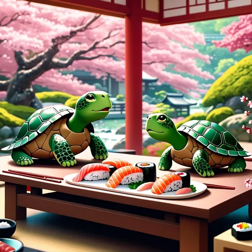 Prompt: A cute turtle eating a sushi lunch, vibrant palette, cheerful atmosphere, detailed facial expressions, intricate background featuring a serene Japanese garden, blooming cherry blossoms, warm light filtering through foliage, ultra-detailed, 4K resolution, high-quality, cinematic masterpiece, whimsical, photorealistic elements, highly expressive, meticulously rendered sushi, charming interaction, endearing scene, awe-inspiring depth, heartwarming tableau, finely crafted details, enchanting composition.