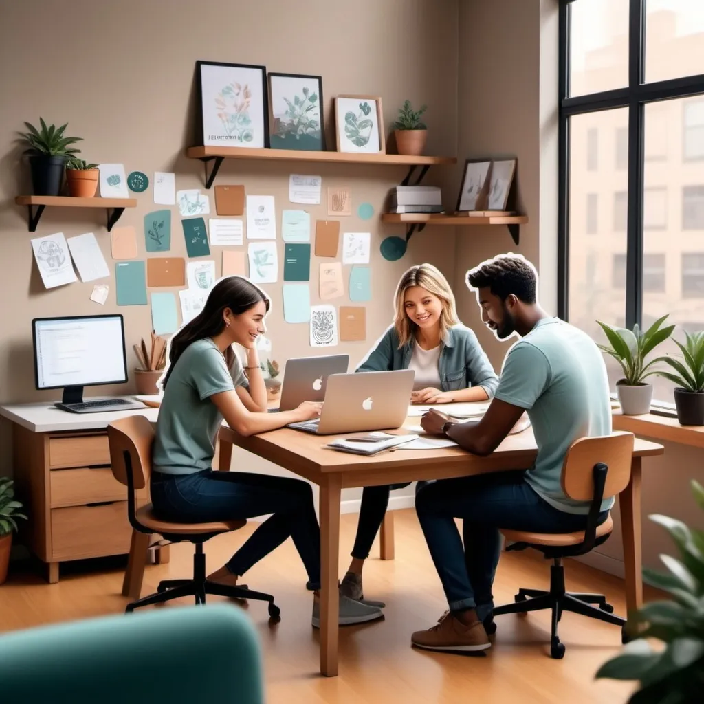 Prompt: (casual setting), (friends collaborating), cozy workspace, soft natural lighting, cold color tones, showing focus and determination, a cluttered desk with papers and a laptop, relaxed expressions, teamwork atmosphere, high-quality, ultra-detailed, inviting ambiance, showcasing creativity and joy in their interaction.