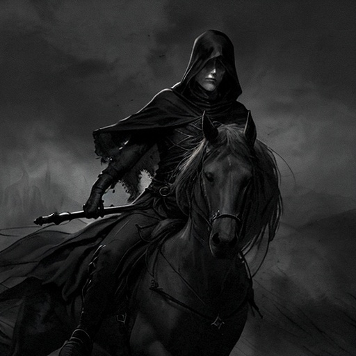 Prompt: A running phantom on horseback, in a misty, moonlit night, seen from a distance, eerie and mysterious atmosphere, tattered cloak flowing in the wind, ghostly trails behind, ethereal glow, dark and cool tones, ultra-detailed, high contrast, 4K, highly dynamic motion, dramatic shadows, foggy and spectral ambiance, unsettling and otherworldly mood, chiaroscuro effect, (phantom) emphasized, sharp details.