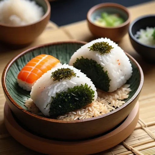 Prompt: (onigiri), delicious Japanese rice ball, beautifully shaped, garnished with seaweed and fillings, delicate textures, fresh and vibrant colors, (Japanese culinary culture), ultra-detailed presentation, bright, inviting ambiance, cozy kitchen setting, warm natural lighting, intricate patterns on the rice, high-quality 4K resolution, showcasing the artistry of Japanese cuisine.