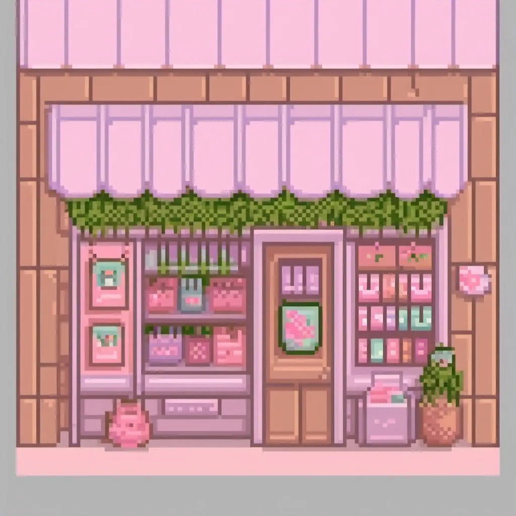 Prompt: (feminine storefront), colorful pastel hues, soft pinks and purples, charming window displays, inviting atmosphere, elegantly arranged merchandise, emphasis on warmth and approachability, cozy ambiance, chic design elements, high-quality textures, beautiful lighting, ultra-detailed realism, inviting entryway, aesthetically pleasing layout, surrounded by lovely surroundings.