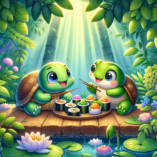 Prompt: A cute turtle eating a sushi lunch with a cute frog, colorful and cheerful illustration, whimsical and playful atmosphere, vibrant colors with distinct greens and blues, soft natural lighting, detailed and expressive facial features of the animals, lush garden background with water lilies and sunlight filtering through trees, ultra-detailed, high-quality, 4K.