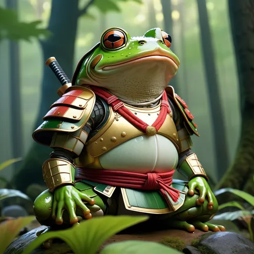 Prompt: A frog in traditional samurai armor, with a speech bubble accurately spelling "Nani!", vibrant colors, dramatic lighting, highly detailed armor, serene forest background, misty atmosphere, ultra-detailed, 4K, immersive mood, elements of Japanese culture, crisp textures, shadows and highlights perfecting every surface.