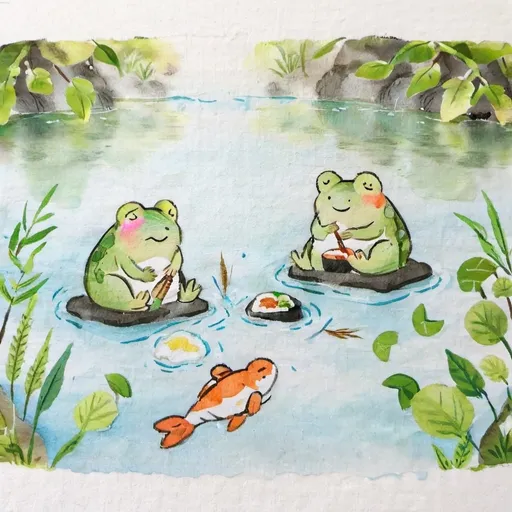 Prompt: (Frogs enjoying a sushi lunch), vibrant colors, cheerful atmosphere, pond setting, sunlight streaming through, intricate frog features, soft green tones for the frog, traditional Japanese koi pond, relaxed, high-quality, ultra-detailed, 4K.