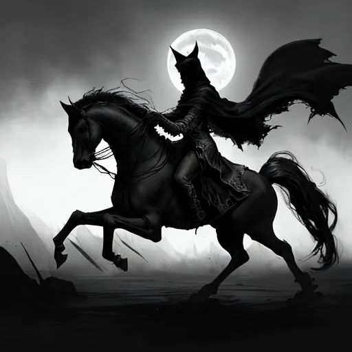 Prompt: A running phantom on a skeletal horse, in a misty, moonlit night, seen from a distance, eerie and mysterious atmosphere, tattered cloak flowing in the wind, ghostly trails behind, ethereal glow, dark and cool tones, ultra-detailed, high contrast, 4K, highly dynamic motion, dramatic shadows, foggy and spectral ambiance, unsettling and otherworldly mood, chiaroscuro effect, (phantom) emphasized, sharp details.