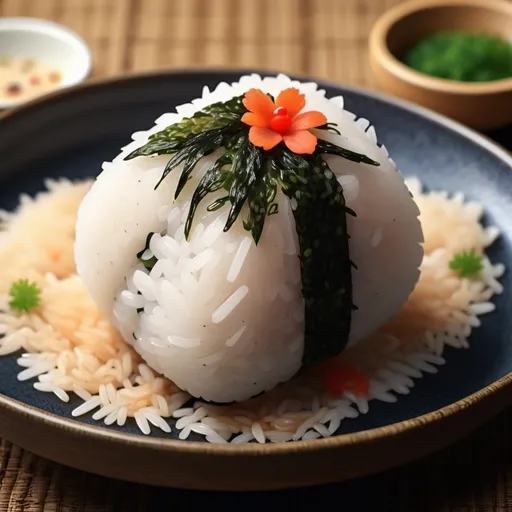 Prompt: (onigiri), delicious Japanese rice ball, beautifully shaped, garnished with seaweed and fillings, delicate textures, fresh and vibrant colors, (Japanese culinary culture), ultra-detailed presentation, bright, inviting ambiance, cozy kitchen setting, warm natural lighting, intricate patterns on the rice, high-quality 4K resolution, showcasing the artistry of Japanese cuisine.