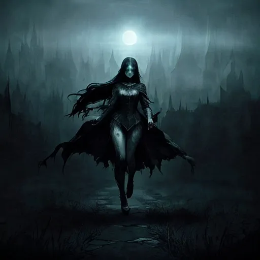 Prompt: A running phantom, in a misty, moonlit night, seen from a distance, eerie and mysterious atmosphere, tattered cloak flowing in the wind, ghostly trails behind, ethereal glow, dark and cool tones, ultra-detailed, high contrast, 4K, highly dynamic motion, dramatic shadows, foggy and spectral ambiance, unsettling and otherworldly mood, chiaroscuro effect, (phantom) emphasized, sharp details.