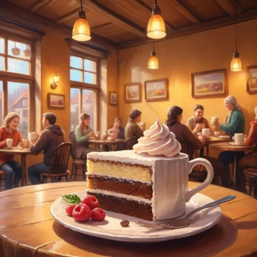 Prompt: Happy coffee and cake scene, vibrant and warm, high quality, joyful and cozy, traditional painting, warm tones, soft lighting, detailed frosting, cheerful ambiance, 4k, ultra-detailed, traditional painting, cozy atmosphere, inviting setting, heartwarming, coffee and cake, vibrant colors, soft and warm lighting