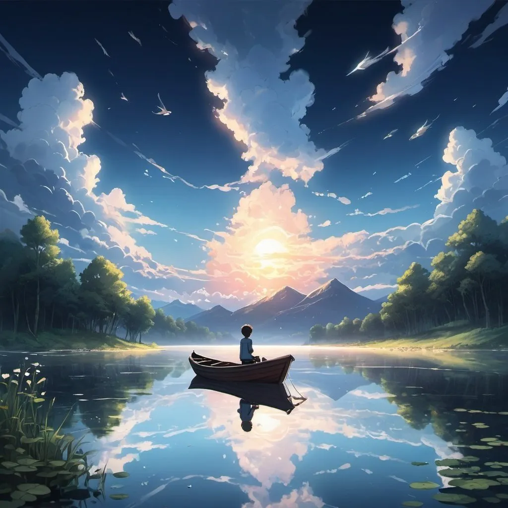 Prompt: Draw mystical lake covered in clouds and throw clouds u can see piece of light from the sunrise and in the middle of the lake there’s small boat with boy who’s watching the fish. Draw in anime style 
,the atmosphere should be magical,mysterious,calm 