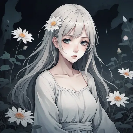 Prompt: Draw in anime style,lost,mysterious,flower, ghost,girl
