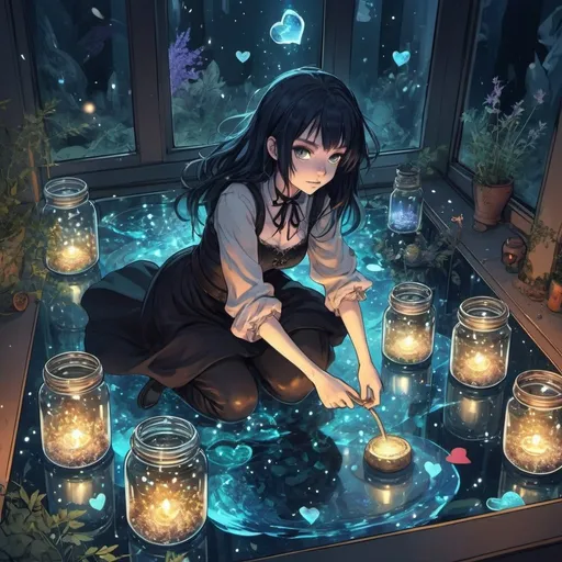 Prompt: draw in anime style in the dar glass floor , mysterious, underworld, jars full of sparkles, herbs, hearts, witch 