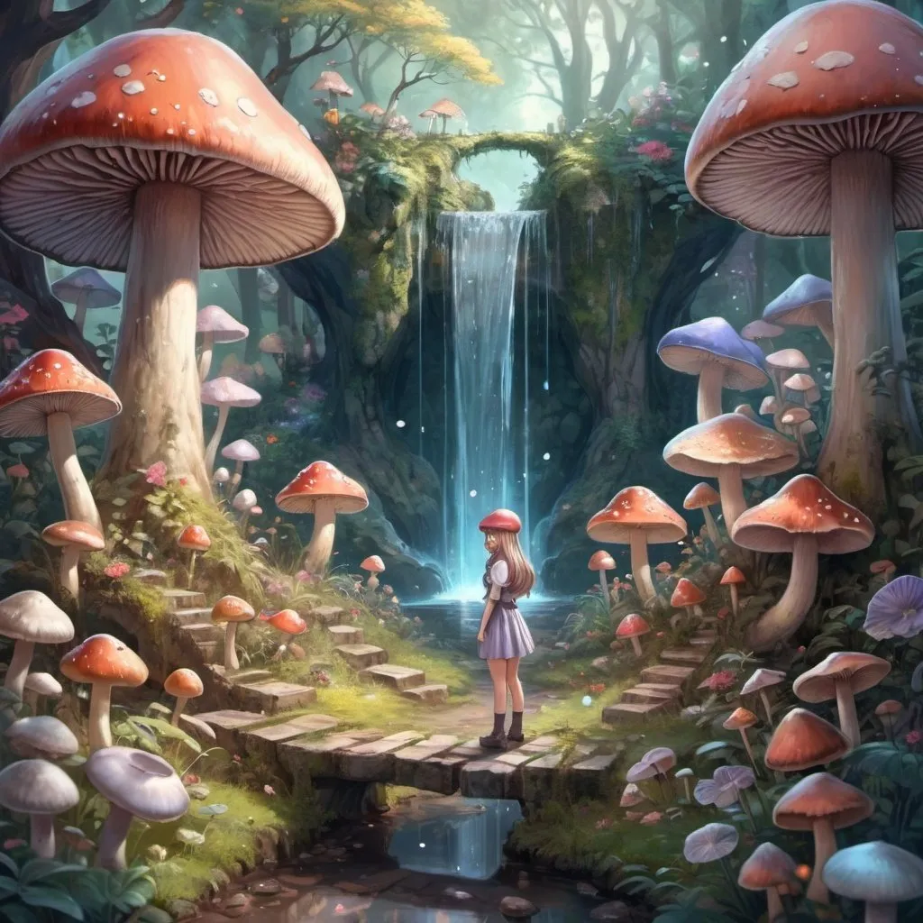 Prompt: Fantasy,mysterious garden with girl in the middle with mushroom head draw in anime style and pastel pallet  in garden there should be mushrooms mixed with mushrooms trees,diamonds stones, around little waterfall work with light 