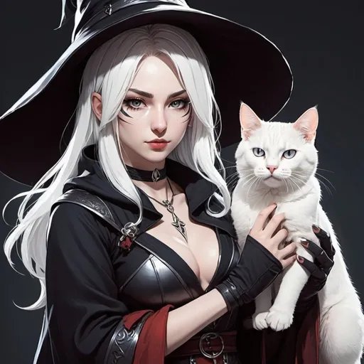 Prompt: Assassin witch with white cat   Draw in anime  style 