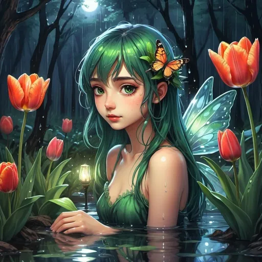 Prompt: Draw in anime style forest fairy,water, shining tulips, frogs,rain,mysterious night,
