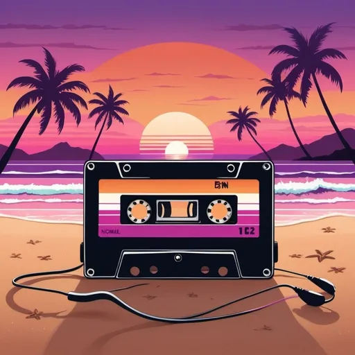 Prompt: Imagine a vibrant sunset scene at the beach with silhouettes of palm trees against a sky blending hues of orange, pink, and purple. In the foreground, a stylized cassette tape (symbolizing indie music) lies half buried in the warm sand, with headphones draped over it. Waves gently lapping the shore complete the tranquil yet lively atmosphere.