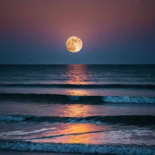 Prompt: the moon above the ocean at night with colours of a sunrise