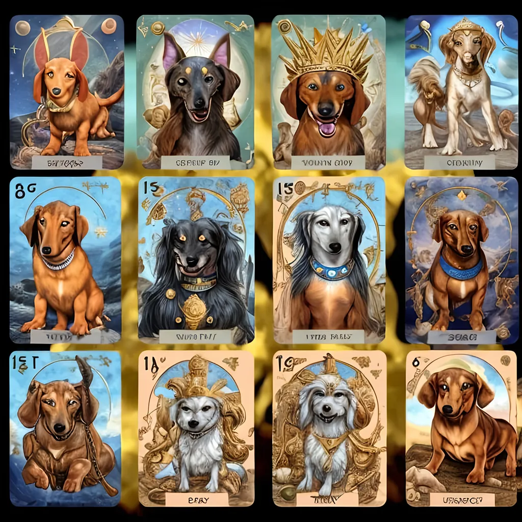 Prompt: sun, moon, mercury, Venus, mars, Jupiter, Saturn, Uranus, Neptune, pluto as gods and goddesses image as ten different dogs, referencing greek mythology and tarot cards. each characters are different types of dogs. make sure you include dachshund as Venus
