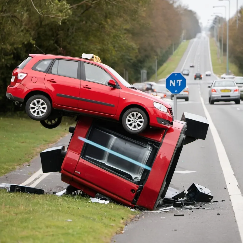 Prompt: A red car crashing into a speed camera 