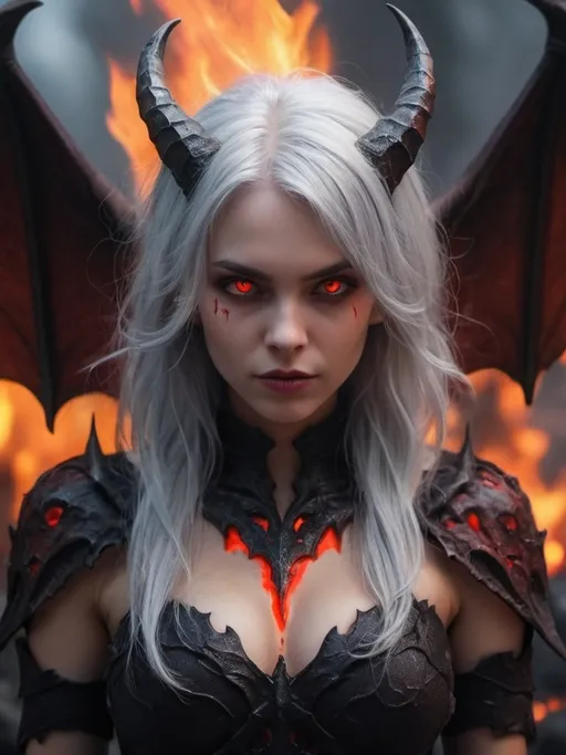 Prompt: (Demon girl), silver hair, red eyes, horns form her head, bat wings, realistic hellish background with flames and dark rocky terrain, vibrant dark colors with glowing red and orange from the fire, ominous and intense atmosphere, high contrast lighting, ethereal light emanating from the halo, ultra-detailed, 4K, cinematic masterpiece, high resolution, hellscape.