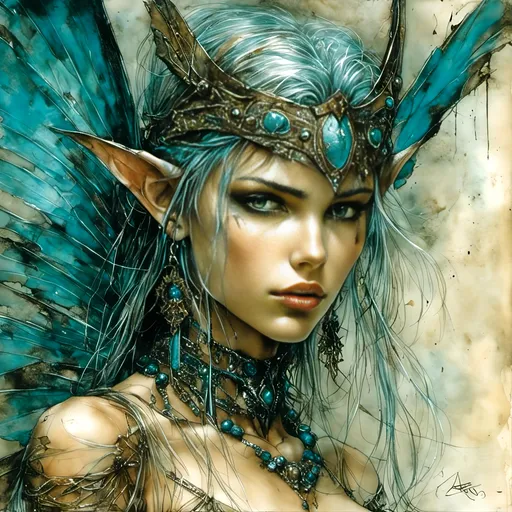 Prompt: Amazing beautiful pixie, by Luis Royo, award winning teal and tan colors <mymodel>