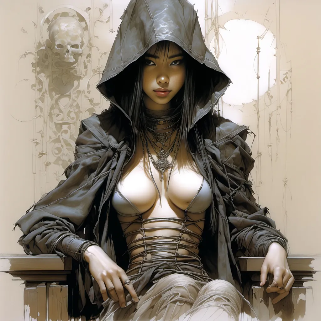 Prompt: life drawing a young asian girl oracle, dressed only in hood, sitting on tall chair, many Details, Luis Royo <mymodel>