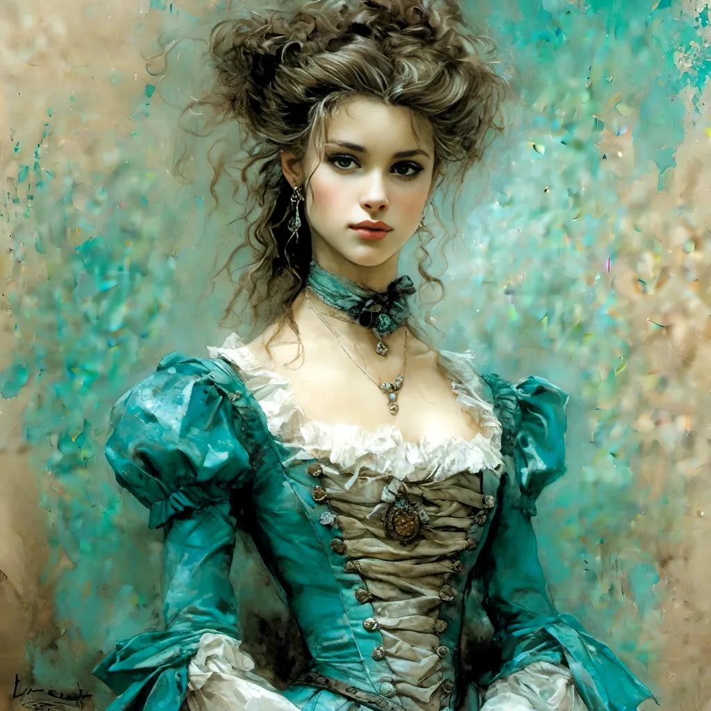 Prompt: young French aristocrat woman dressed in victorian attire, by Luis Royo, award winning teal and tan colors <mymodel>