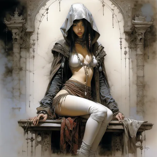 Prompt: life drawing a young asian girl oracle, dressed only in hood, sitting on tall chair, many Details, Luis Royo <mymodel>