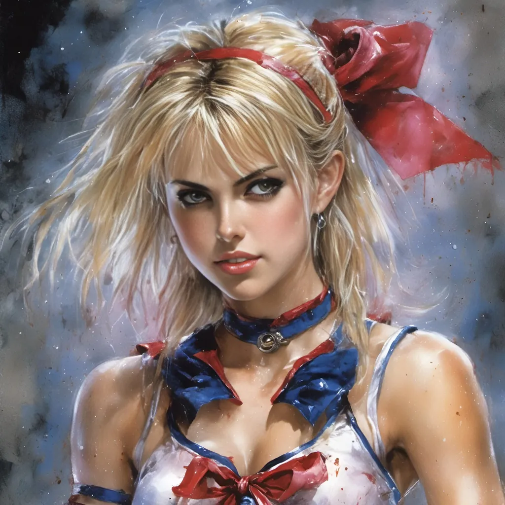 Prompt: 
juliet starling in her cheerleading outfit, action pose, many details, by Luis Royo
<mymodel>