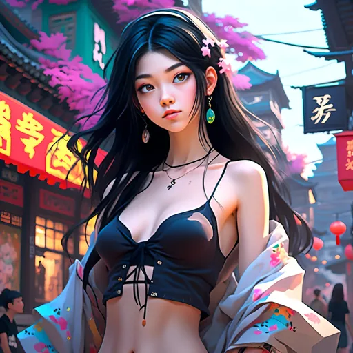 Prompt: <mymodel> Manga street art of a beautiful tantalizing 17 year old chinese girl, with black long hair, super pale skin, most beautiful, wearing a low cut fancy sheer garment with midriff showing, beautiful bright saturated eyes, bossy, vivid colors, fantasy, soft glow, beautiful, low angle shot,bossy, tsundere, dynamic pose, anime waifu(16-years-old)-hot-babe-flirty-bodylanguage, fit-thick-build, gorgeous perfect face, wearing a low cut fancy white sheer garment with midriff showing, in the style of realistic and hyper - detailed renderings, kawaii, zbrush, hyper - realistic oil, contoured shading, mother of pearl iridescent, holographic white
