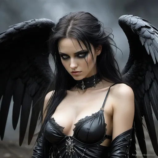 Prompt: an evil fallen angel with black wings, brooding, beautiful, Luis Royo <mymodel>