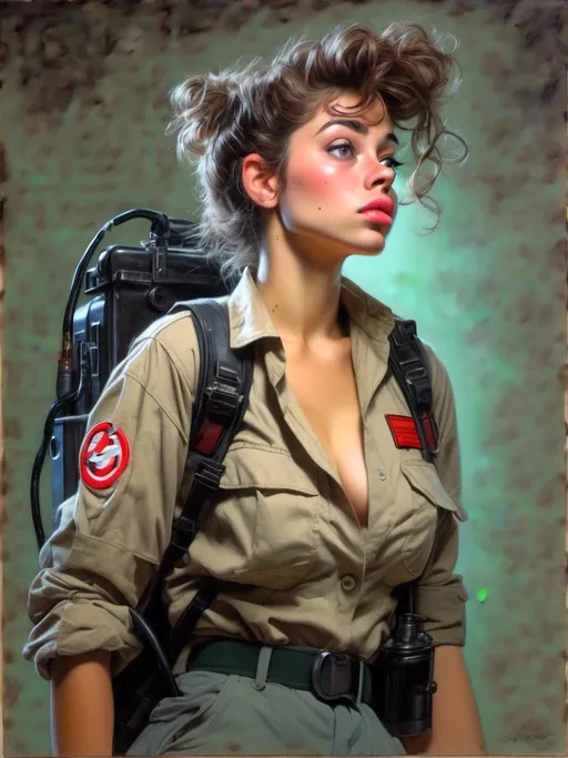 Prompt: Ghostbuster, hot 20 year old woman, large chest, side view, full body portrait, color pencil on paper <mymodel>