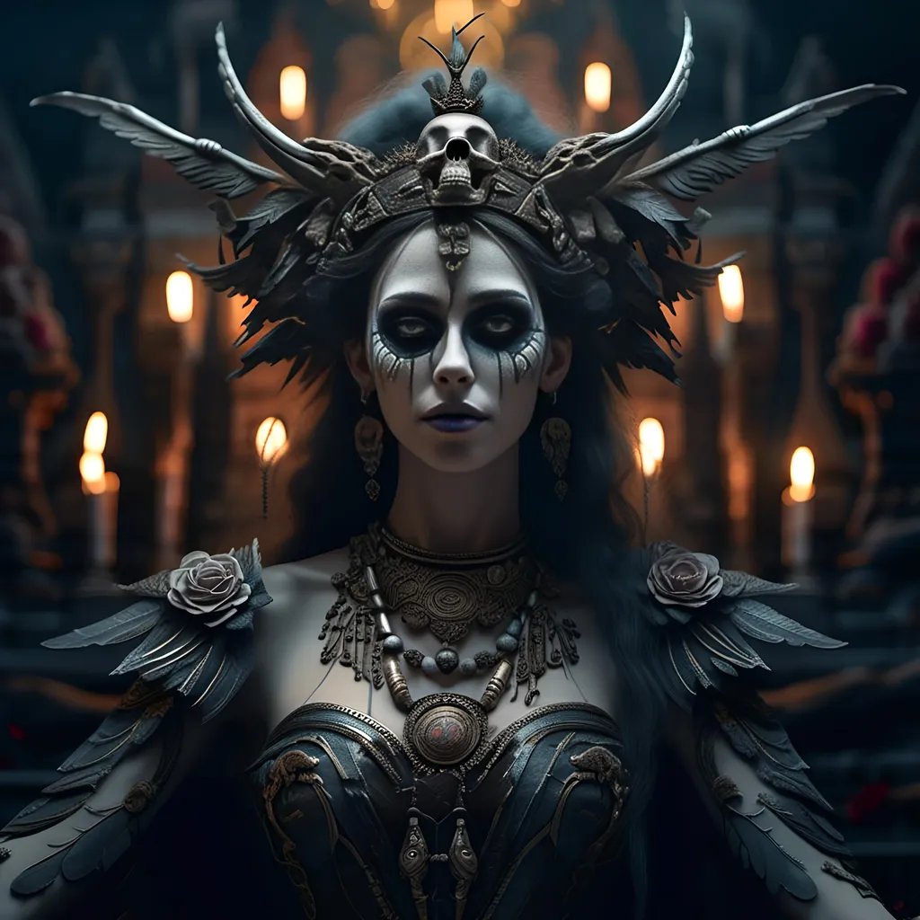 Prompt: goddess of necromancy, fantasy; Photograph Taken on Nikon D750, Intricate, Elegant, Digital Illustration, Hyper-Realistic, Hyper-Detailed, 16k, no watermarks, no signature, symmetrical face, smooth, sharp focus fantasycore Photorealism, lifelike, amazing depth, glowing, serene, ominous, moody <mymodel>