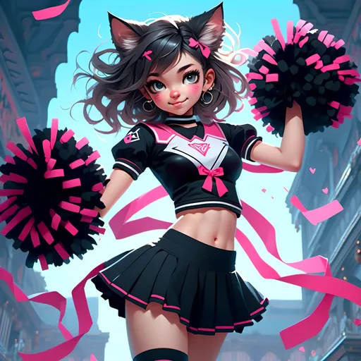 Prompt: <mymodel>cute young cat-girl in filigree design black cheerleader uniform, fantasy setting, cheer stunts, anime, masterpiece, very high details, dark atmosphere, punch in camera, black undies, zoomed out so that the whole body is visible, fantasy, detailed eyes, sleek design, professional, cool tones, atmospheric lighting, ready to fight, evil face full length profile, full body shot