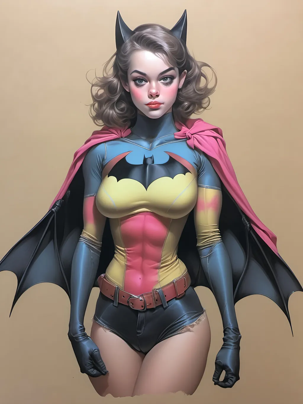 Prompt: Bat Girl, large chest,  full body portrait, color pencil on paper <mymodel>